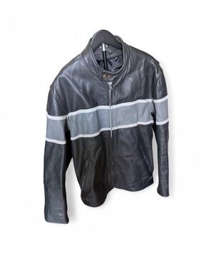 Men's Black Leather Bomber Jacket with Gray Stripe